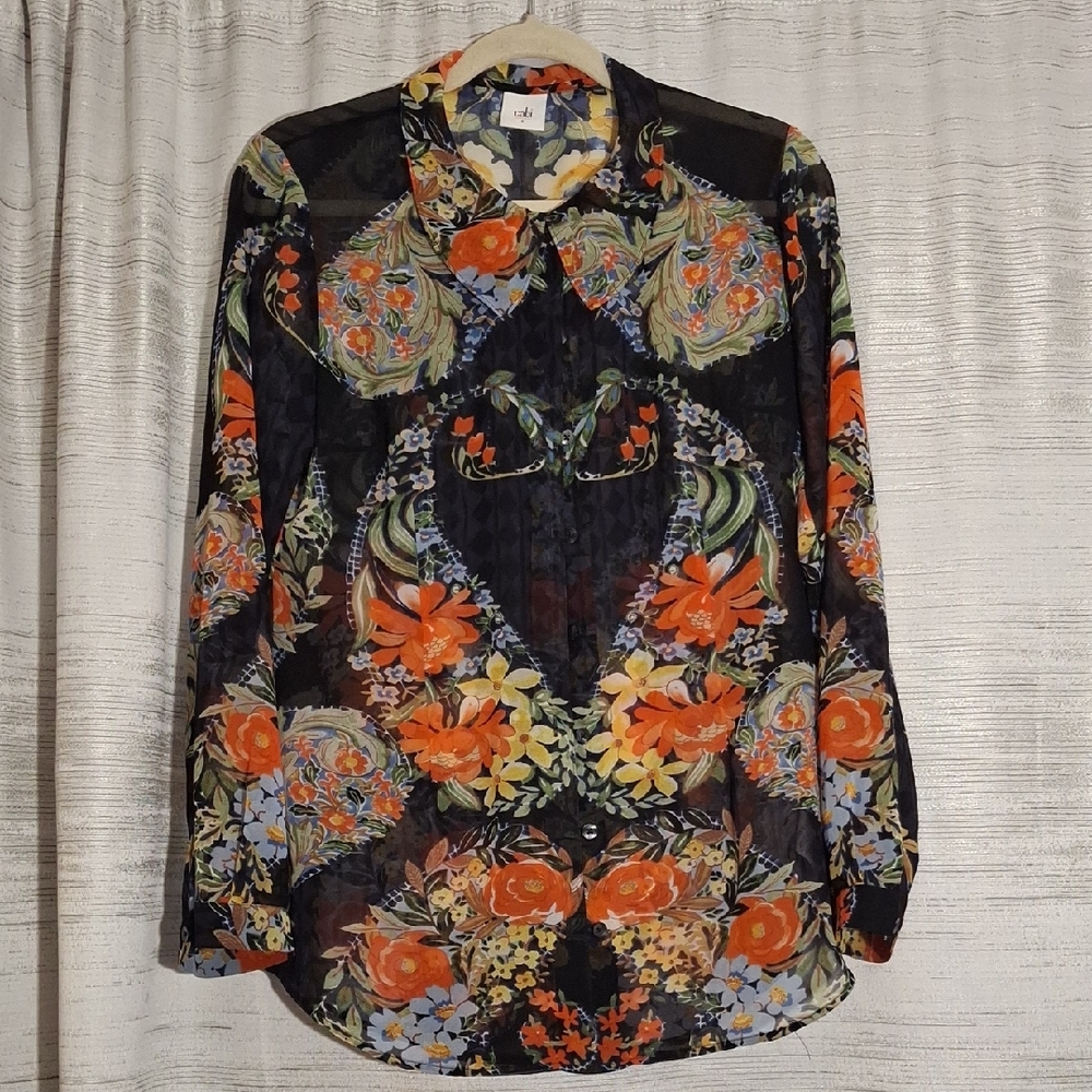 CAbi Sheer Black Blouse with Orange Green And Blue Floral Print Small